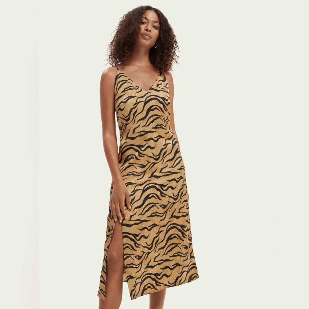 Scotch & Soda Tiger Print Slip Dress Midi Animal Print Strappy Satin Size L
